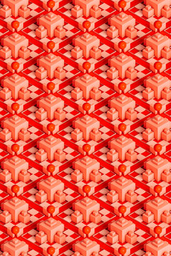 Three dimensional pattern of pastel colored cubes, floating spheres and checkerboards