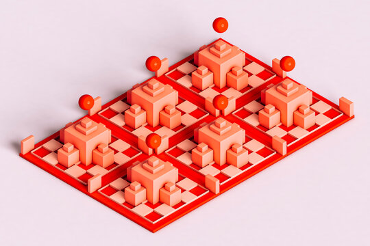 Three dimensional render of pastel colored cubes and floating spheres