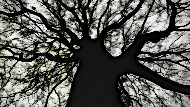 Black and white illustration of bare tree in winter