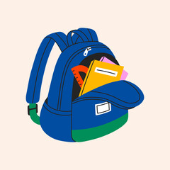 Backpack with study supplies. Back to school, colorful schoolbag with textbooks, copybooks and ruler. Hand drawn vector illustration isolated on white background. Modern flat cartoon style.