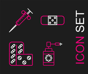 Set line Medical bottle with nozzle spray, Pills in blister pack, Bandage plaster and Syringe icon. Vector