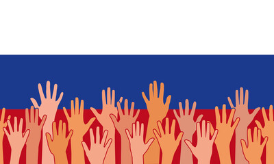 The concept of unity of Russia. Seamless horizontal background. The image is made in the colors of the flag of Russia. Hands with open palms on the background of the flag. Vector illustration.