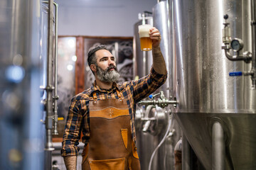 Bearded brewery master holding glass of beer and evaluating its visual characteristics. Small family business, production of craft beer. - Powered by Adobe