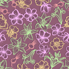 Vector illustration. Rosehip flowers, lilies, cherry flowers, Handmade,  dark background, seamless pattern