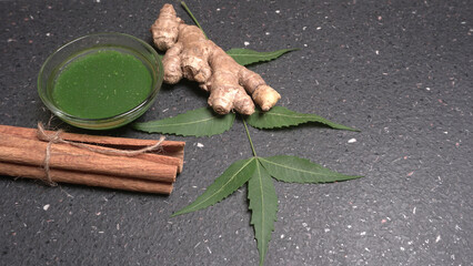 Medicinal neem leaves, Azadirachta indica. Used in skin care and beauty products and creams