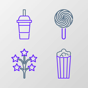 Set line Popcorn in cardboard box, Fireworks, Lollipop and Paper glass with drinking straw and water icon. Vector