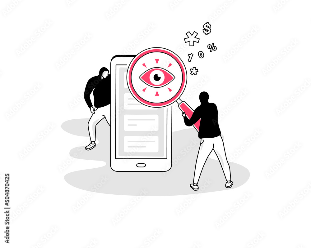 Aufkleber illustration of a spyware attack symbol with a spy magnifier and a smartphone. easy to use for your 