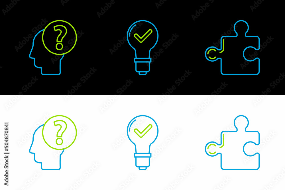 Poster set line piece of puzzle, human head with question mark and light bulb and check icon. vector