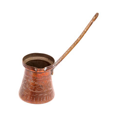 Old cezve, small long-handled coffee pot with a pouring lip, isolated on white background
