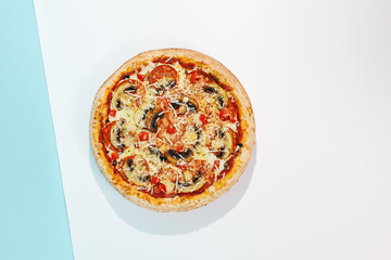 Italian pizza with mushroom and cheese on coloured background. Vegan pizza with mushroom and tomato...