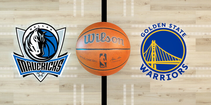Guilherand-Granges, France - May 16, 2022. NBA basketball in arena with Dallas Mavericks vs Golden State Warriors logo. Regular season or Playoffs game concept. 3D rendering.