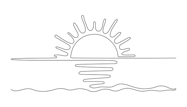 Sun on sea beach one black continuous line, sunset and sunrise outline. Nature landscape with sunshine on coast. One line drawing. Vector illustration