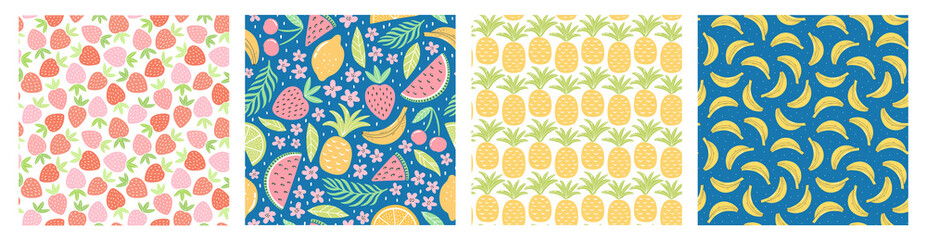Set of seamless patterns with colorful fruits and sweets for textile design. Summer background in bright colors. Hand-drawn trendy vector illustrations.