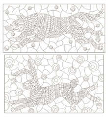 A set of contour illustrations in the style of stained glass with abstract rabbit and wolf, dark contours isolated on a white background