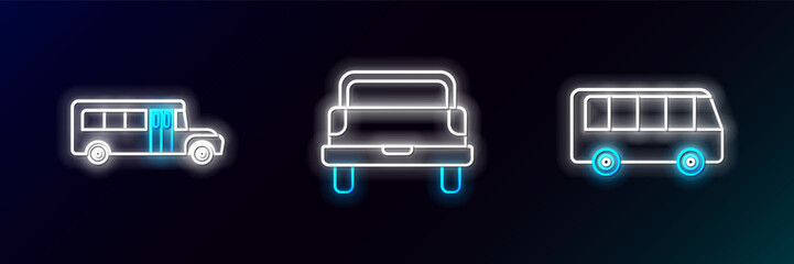 Set line Bus, School and Pickup truck icon. Glowing neon. Vector