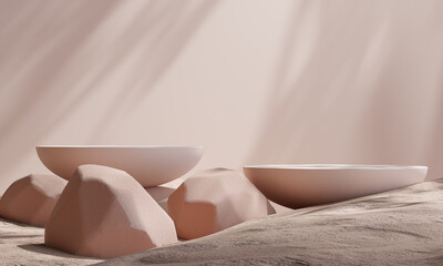 podium on sand background for product presentation. Natural beauty pedestal, earth tone colour, relaxation concept, 3d illustration