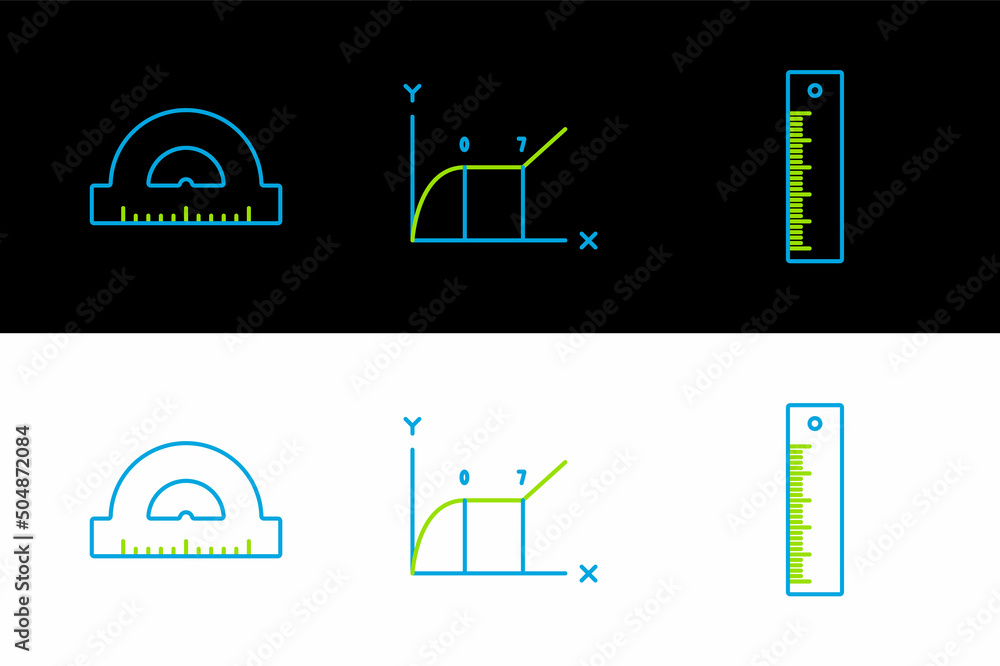 Aufkleber set line ruler, protractor grid for measuring degrees and pie chart infographic icon. vector