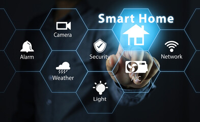 Smart home owners reach out touch click press activate smart home icon control via Wi-Fi or IoT...