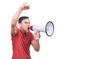 Expressive male screaming with loudspeaker in studio