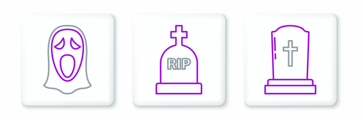 Set line Tombstone with cross, Funny and scary ghost mask for Halloween and RIP icon. Vector