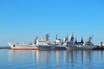 Russia, Kronstadt,Clear weather. Ships at the pier in Kronstadt