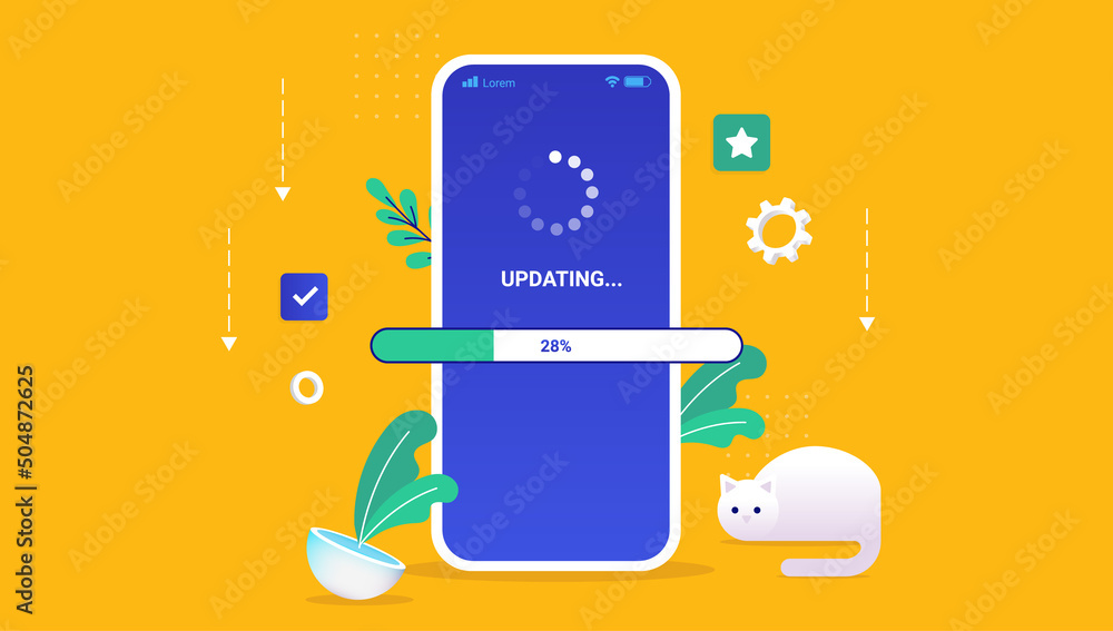 Poster Updating phone operating system - Smartphone with loading wheel and load bar on blue screen. Semi flat vector illustration