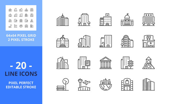 Line icons about the city. Pixel perfect 64x64 and editable stroke