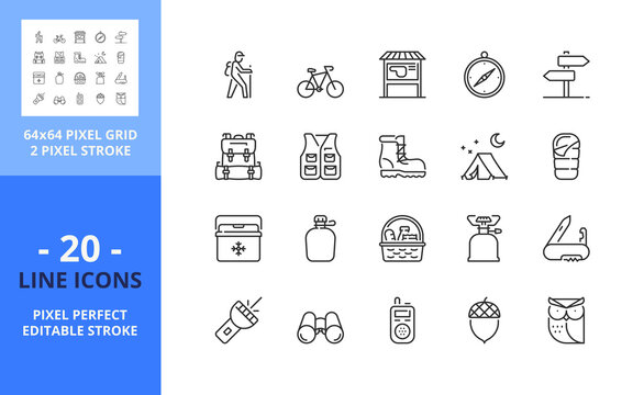 Line icons about trekking and biking. Pixel perfect 64x64 and editable stroke