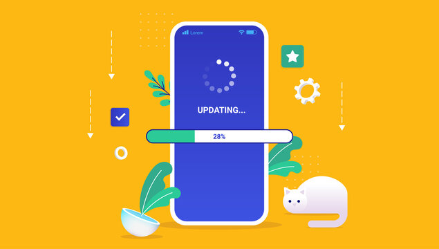 Updating phone operating system - Smartphone with loading wheel and load bar on blue screen. Semi flat vector illustration