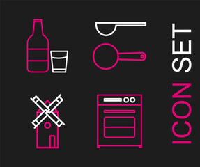 Set line Oven, Windmill, Measuring spoon and Glass bottle with milk and glass icon. Vector