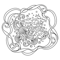 Cartoon Doodles Underwater Marine Coloring book page. Sea world . Hand-drawn vector illustration