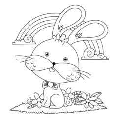 Cute little rabbit. Summer coloring book for kids. Vector black and white illustration in cartoon style. Contour on a white background. Hand drawing.