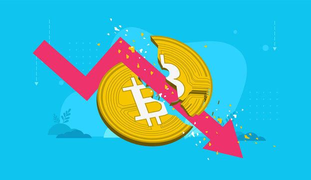 Bitcoin crash - Falling red arrow breaking down on broken crypto coin. Cryptocurrency price going down concept, vector illustration