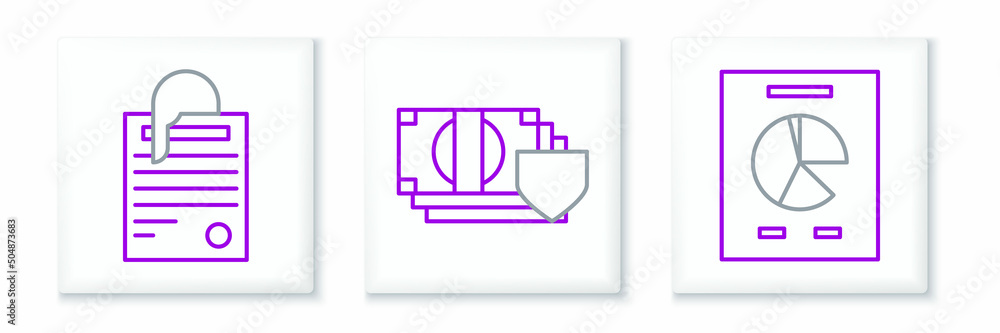 Poster set line document with graph chart, file document and paper clip and money shield icon. vector
