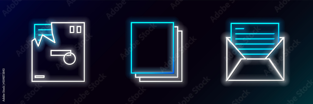 Aufkleber set line mail and e-mail, ordered envelope and clean paper icon. glowing neon. vector