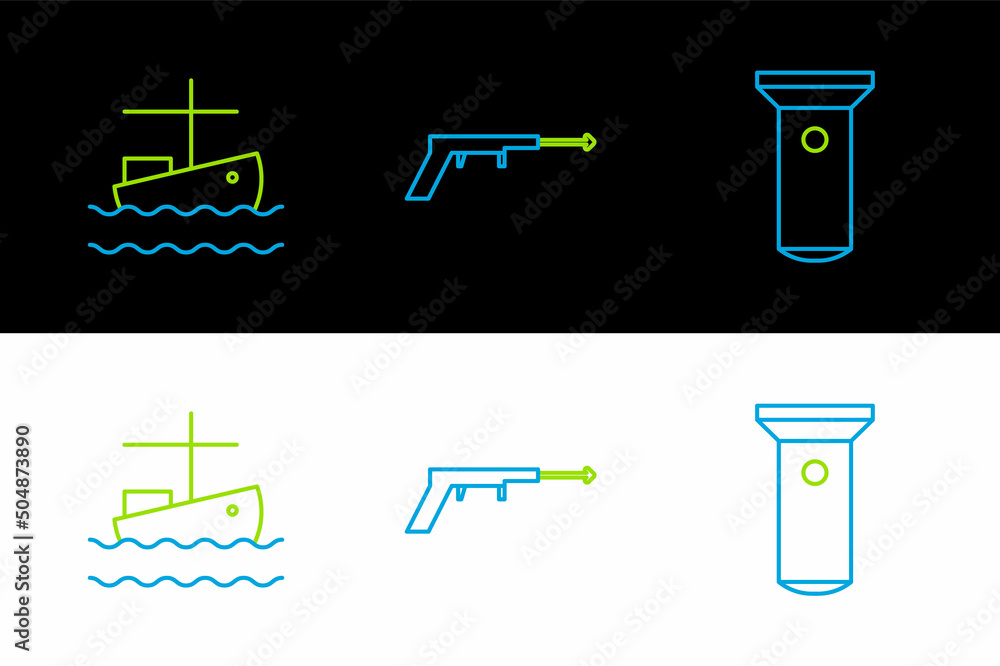 Canvas Prints set line flashlight, fishing boat on water and harpoon icon. vector