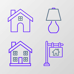 Set line Hanging sign with text Sale, Home symbol, Table lamp and House icon. Vector