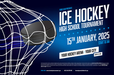 Poster template with hockey puck in goal and sample text