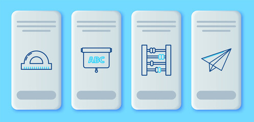 Set line Chalkboard, Abacus, Protractor grid for measuring degrees and Paper airplane icon. Vector
