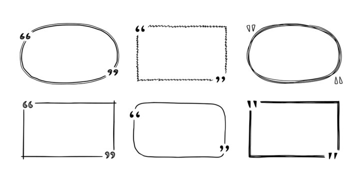 Quote box sketch, text frame set. Hand drawn doodle style quote box, text border with square, bubble, round shape. Vector illustration.