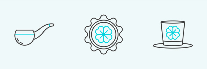 Set line Leprechaun hat and four leaf clover, Smoking pipe and Bottle cap with icon. Vector