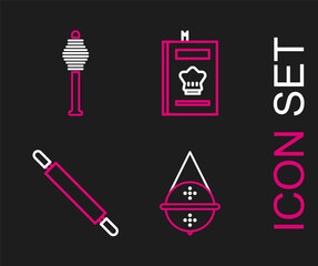 Set line Ball tea strainer, Rolling pin, Cookbook and Honey dipper stick icon. Vector