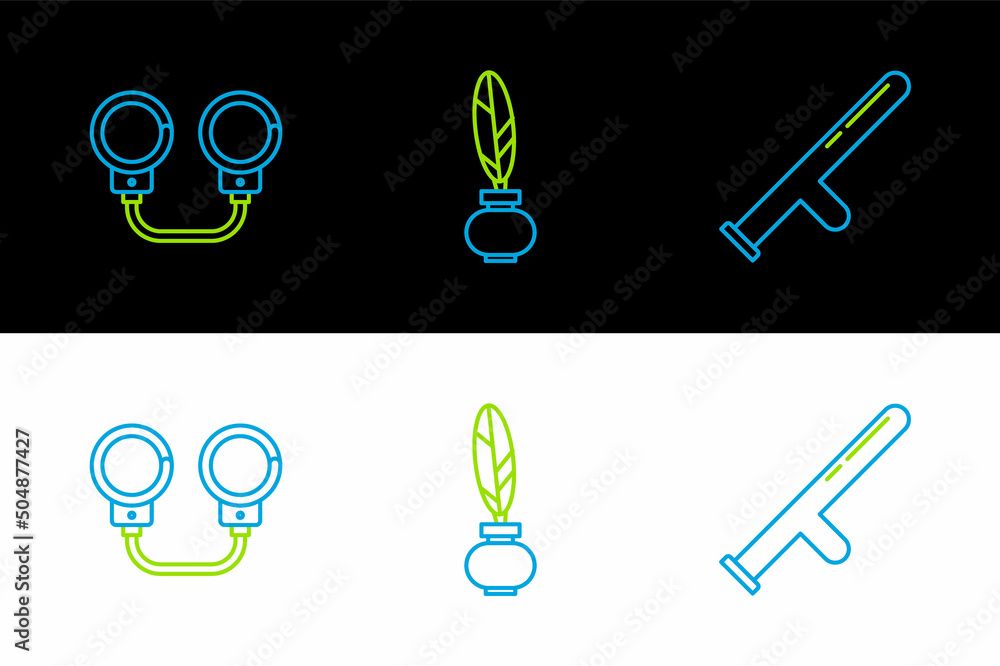 Sticker Set line Police rubber baton, Handcuffs and Feather inkwell icon. Vector