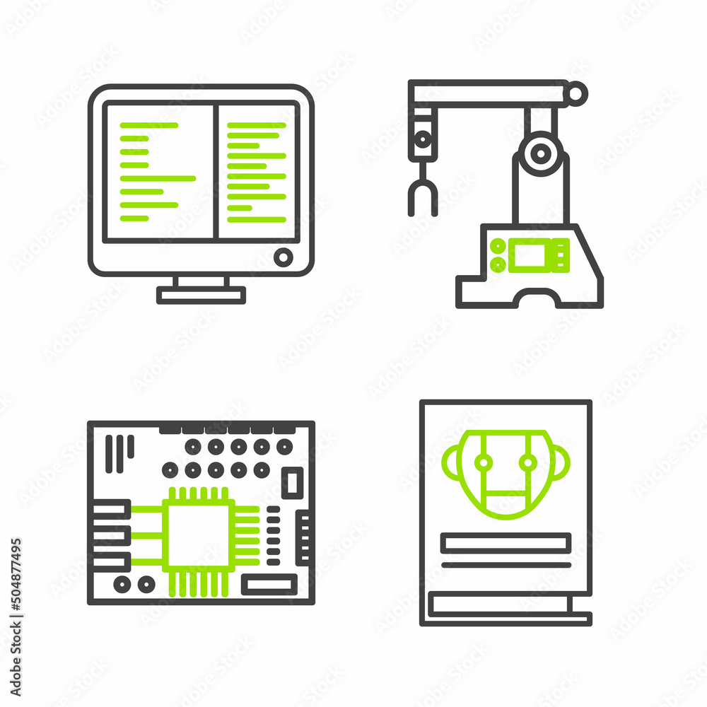 Poster set line user manual, printed circuit board pcb, assembly line and computer monitor screen icon. vec