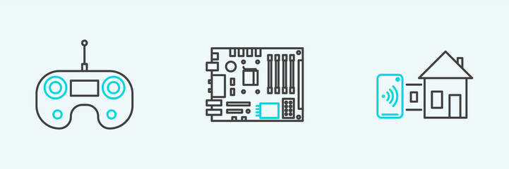 Set line Smart home, Remote control and Electronic computer components motherboard digital chip icon. Vector