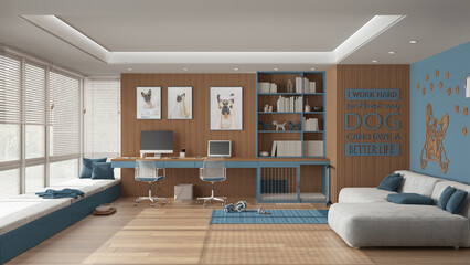 Home office in blue and wooden tones. Desk with chairs and computers, big window and velvet sofa. Dog bed with gate, carpet with dog toys. French bulldog artwork, interior design