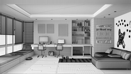 Unfinished project draft, home office. Desk with chairs and computers, big window and velvet sofa. Dog bed with gate, carpet with dog toys. French bulldog artwork, interior design