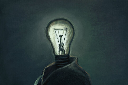 portrait of business man with light bulb in her head, concept of idea and creativity