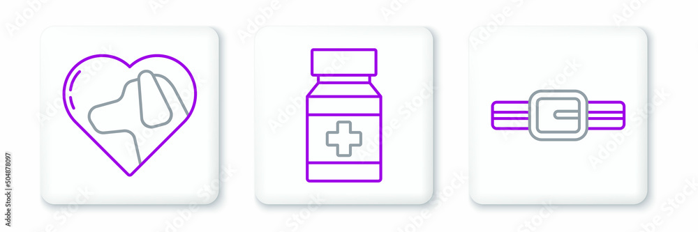 Sticker Set line Collar with name tag, Heart dog and Dog medicine bottle and pills icon. Vector