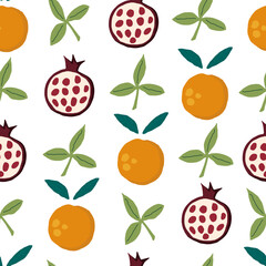 Matisse abstract fruit seamless pattern, orange, pomegranate, leaves. Contemporary art print. Organic tropic fruits leaves in abstract style. Trendy elements. Bundle vector natural shapes, minimalist 